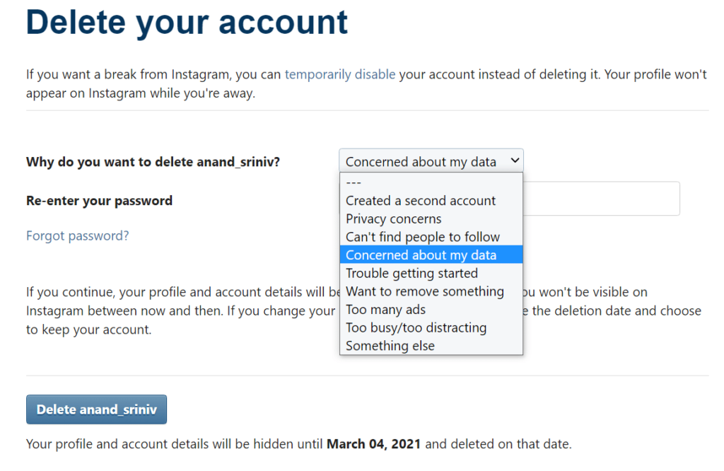 how to delete your instagram account
