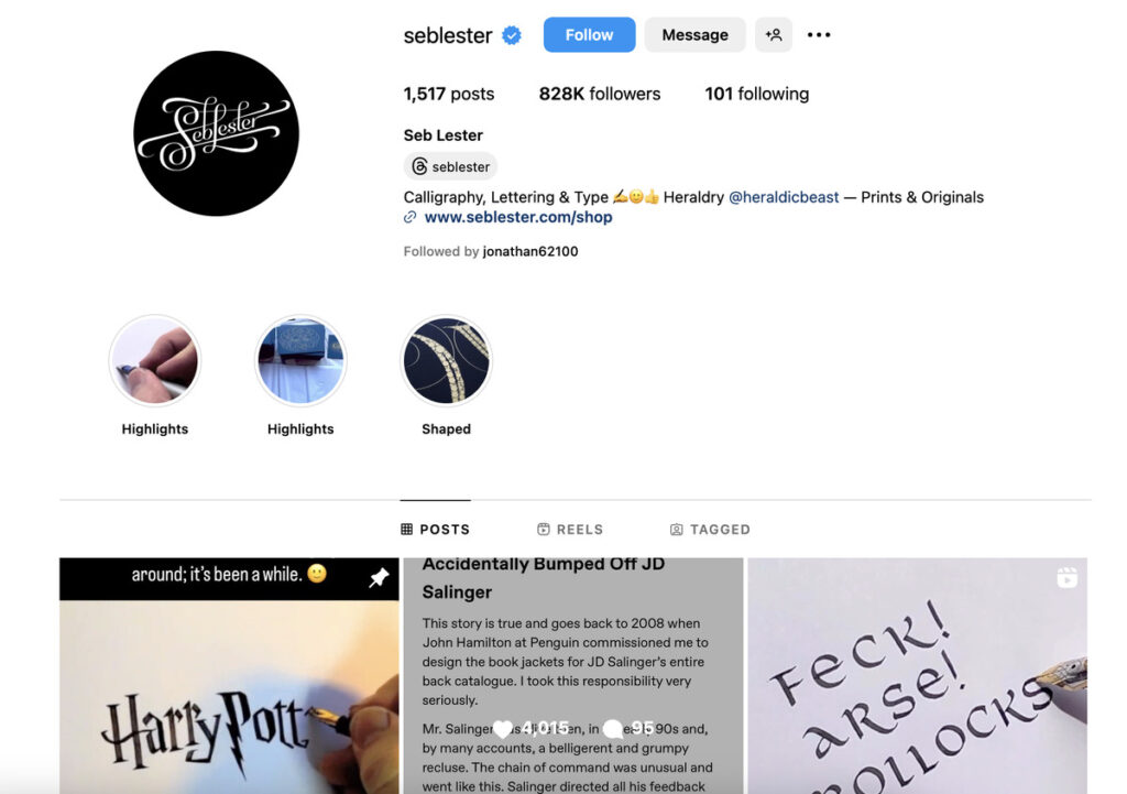 seblester instagram account screenshot