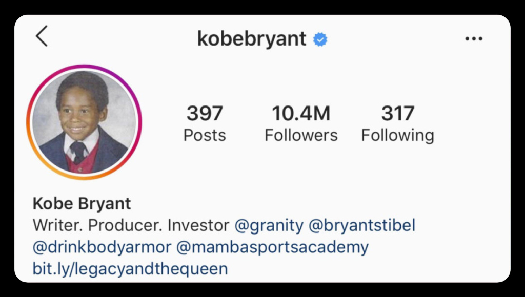 Kobe Bryant's verified page on Instagram