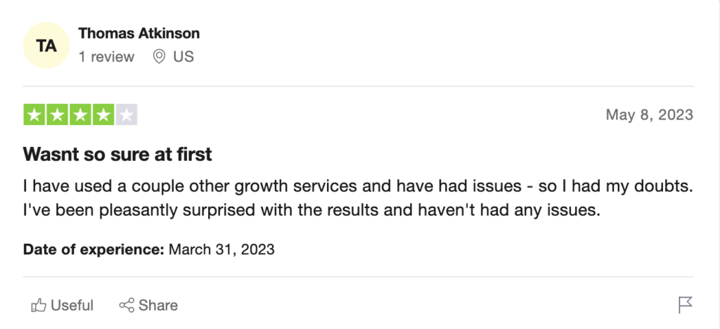 kicksta review on trustpilot by thomas atkinson