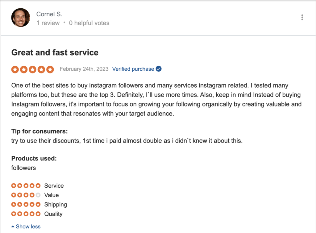 likes.io review on sitejabber by cornel s