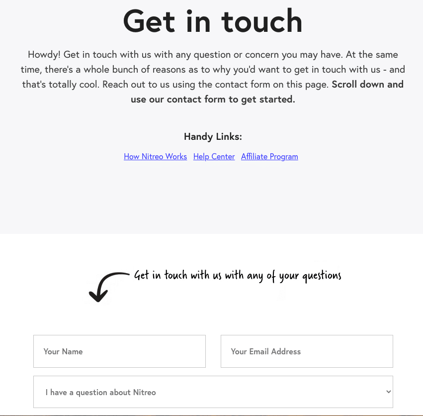 Nitreo's contact support form on their website 