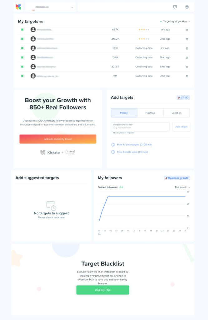 kicksta dashboard
