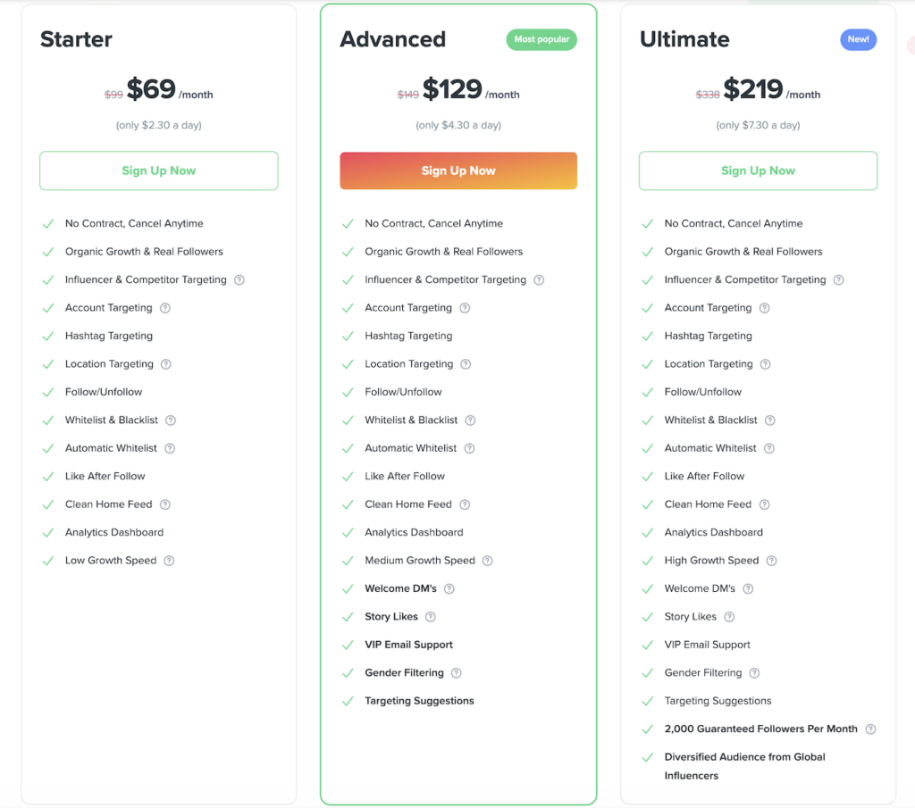 Kicksta Pricing table 