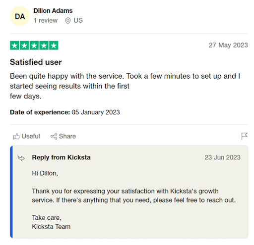 trustpilot review on kicksta by dillon adams
