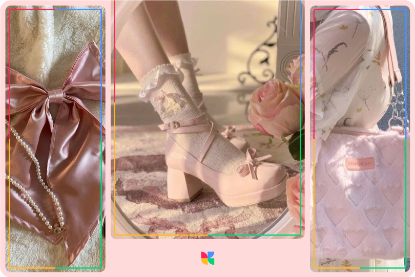 soft girl aesthetic style details: pink shoulder bag, heels, and bow.