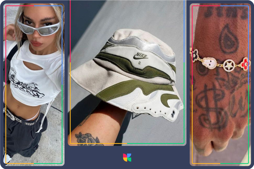 street wear style details, jewellery, bucket hats and sunglasses