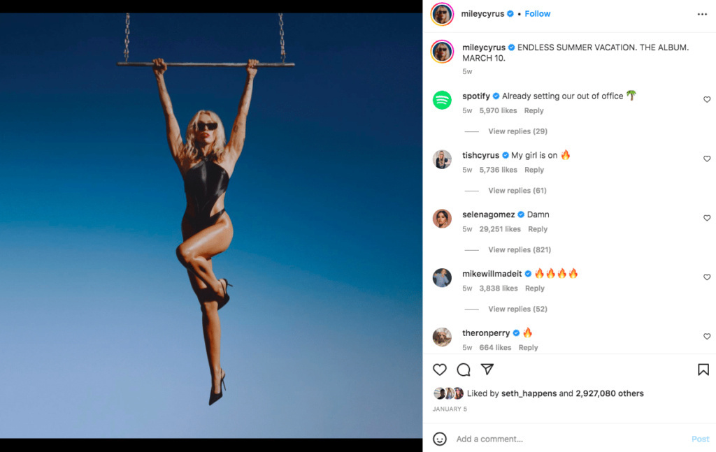 Miley Cyrus posing for Endless Summer Vacation album