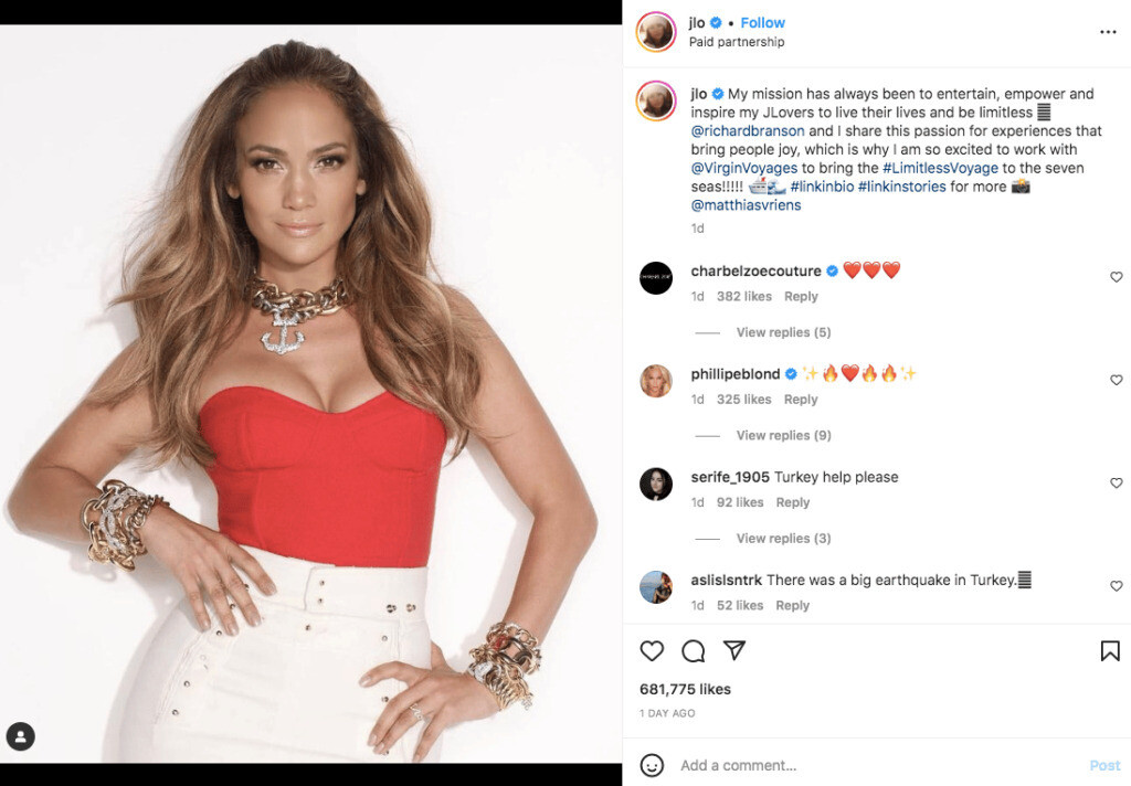 Jennifer Lopez Virgin Voyages partnership instagram photo