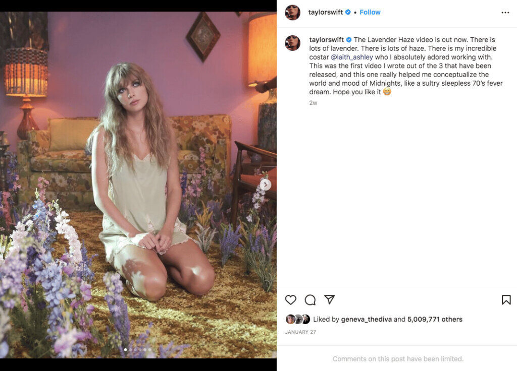 Photo of taylor swift posing for new Lavender Haze music video