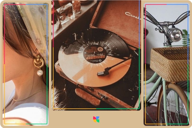 vintage style details, earrings, bicycle, and vinile