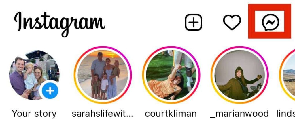 screenshot of dm option on instagram home screen