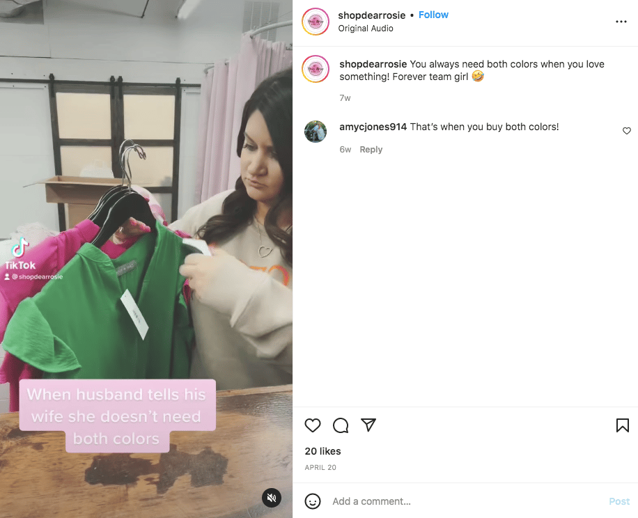 shop dear rosie instagram reel of girl shopping
