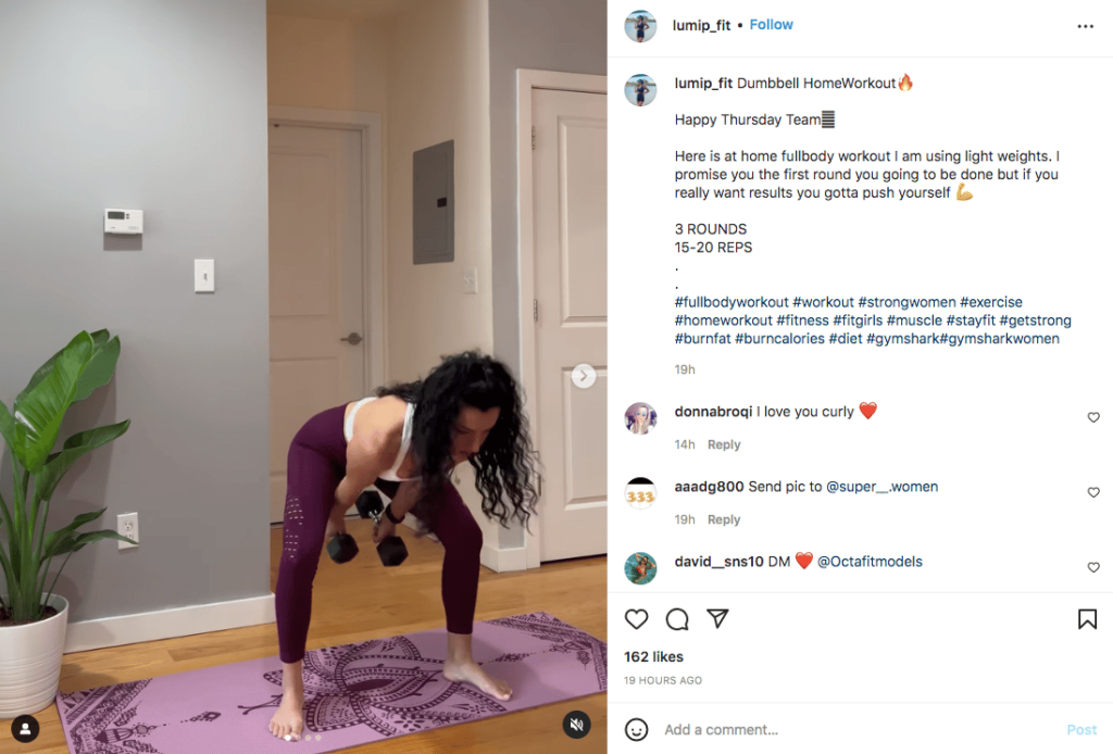 video of home dumbbell workout on instagram
