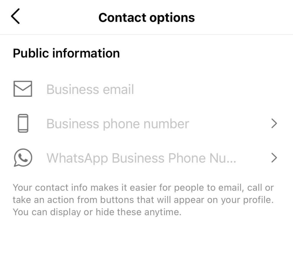 contact options page on instagram