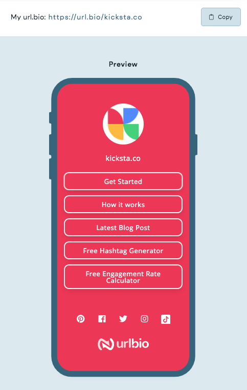 url.bio's Available free features on kicksta