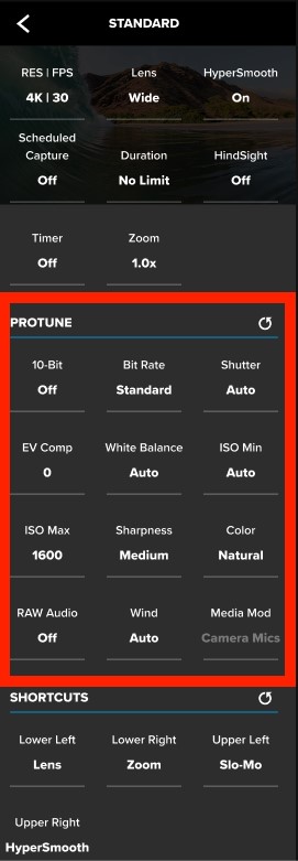 Protune and Bitrate settings for GoPro