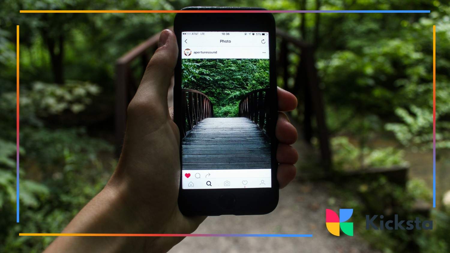 A nature-focused Instagram post displayed on a phone, capturing a beautifully framed bridge surrounded by lush greenery — ideal for luxury lifestyle or travel brands promoting serenity, aesthetics, and exclusivity.