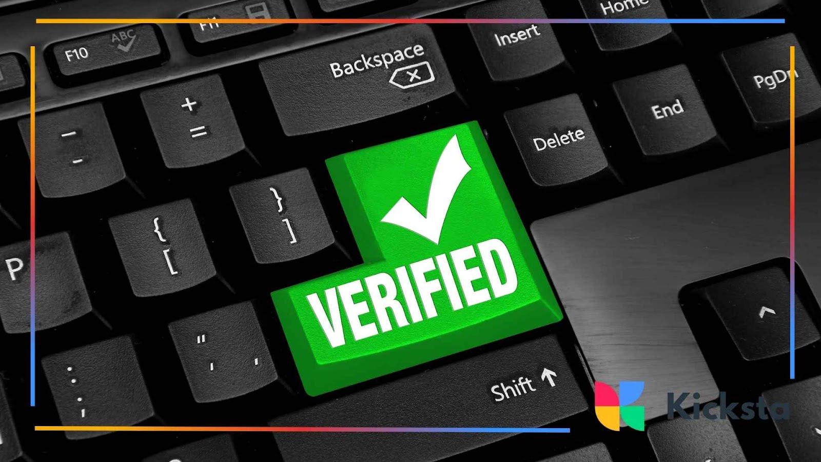 Green verified checkmark key on keyboard symbolizing social media verification, brand trust, and online credibility.