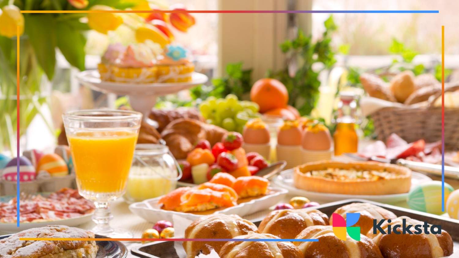 Brightly lit brunch table bursting with pastries, fruit, and fresh juice—radiating luxury and spring vibes