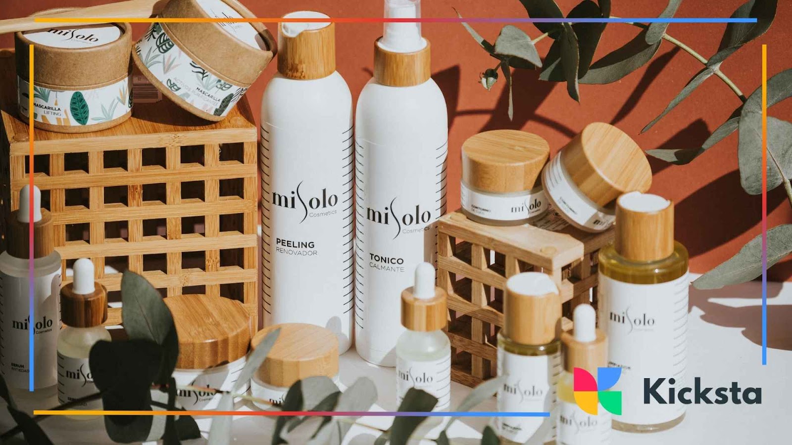 Natural skincare products with eco-friendly packaging displayed on wooden blocks, representing beauty branding and organic self-care marketing.