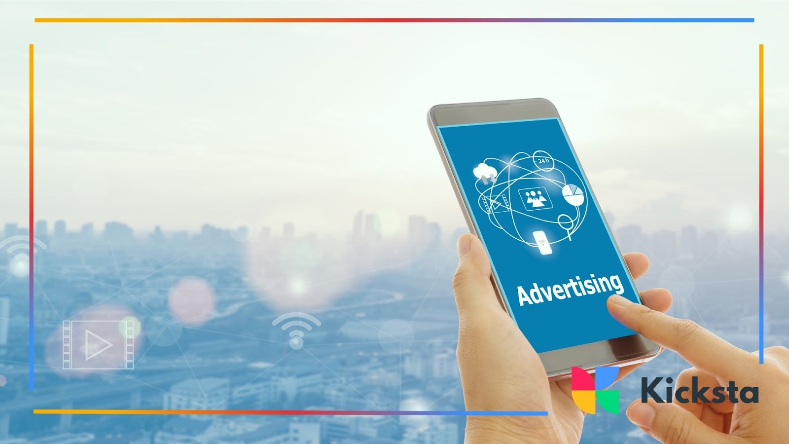 Person holding smartphone with advertising concept on screen, representing mobile marketing, digital ads, and online promotion.