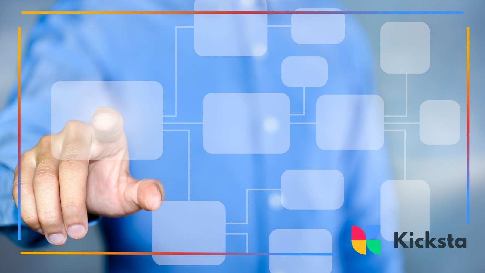 Business professional interacting with virtual digital interface, symbolizing technology, networking, and online strategy.