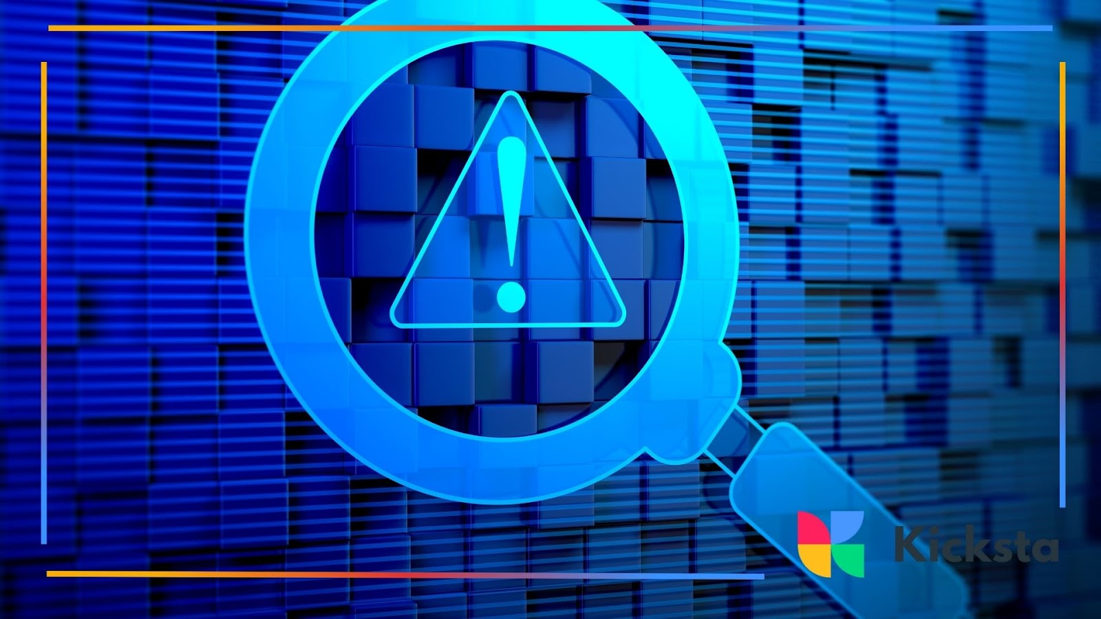 Magnifying glass highlighting warning symbol on digital background, representing online risks, security alerts, and account issues.