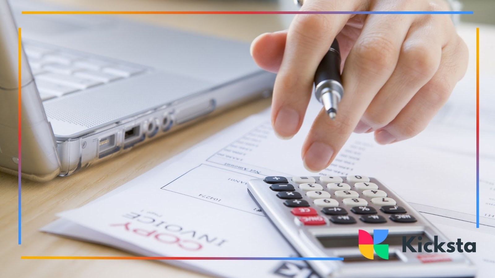Business person calculating expenses with invoice, laptop, and calculator, symbolizing financial planning, budgeting, and influencer payments.