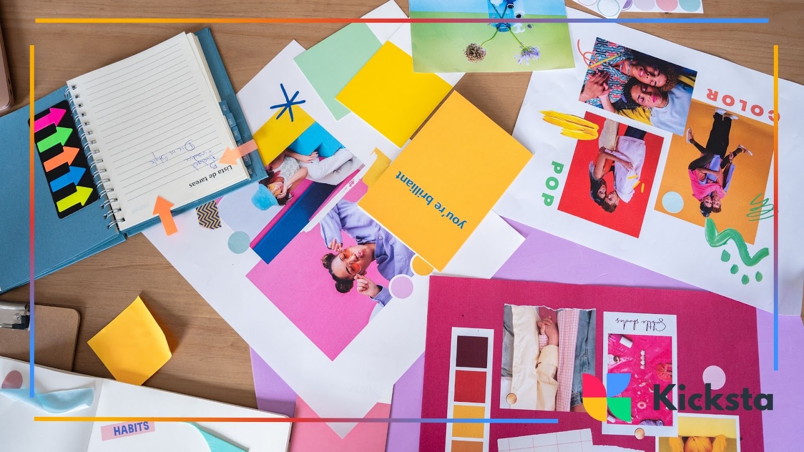 Colorful mood board with photos, sticky notes, and color swatches representing branding strategy, creative design, and content planning.