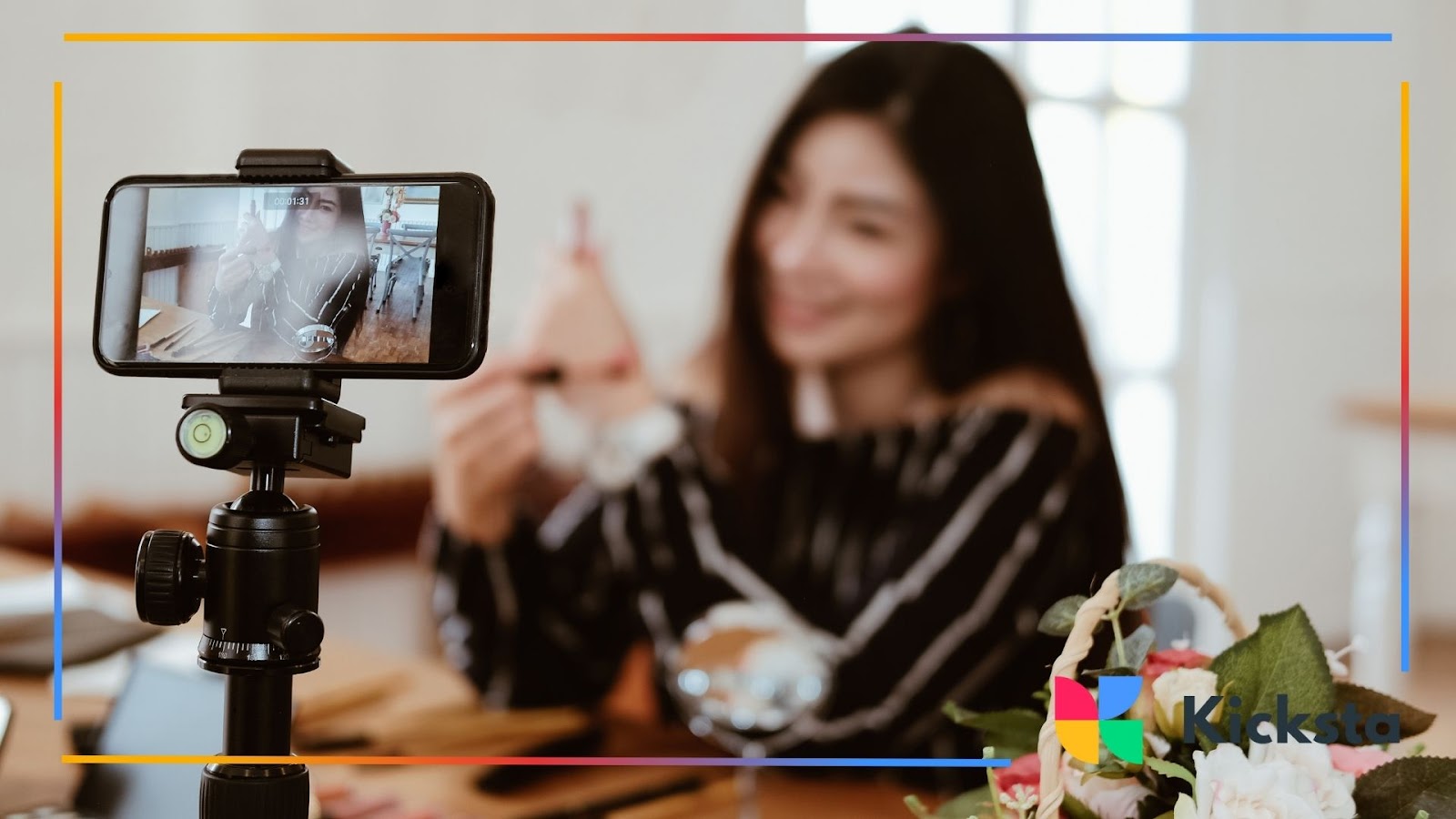 Content creator filming lifestyle video with smartphone on tripod, representing influencer marketing, social media engagement, and digital storytelling.