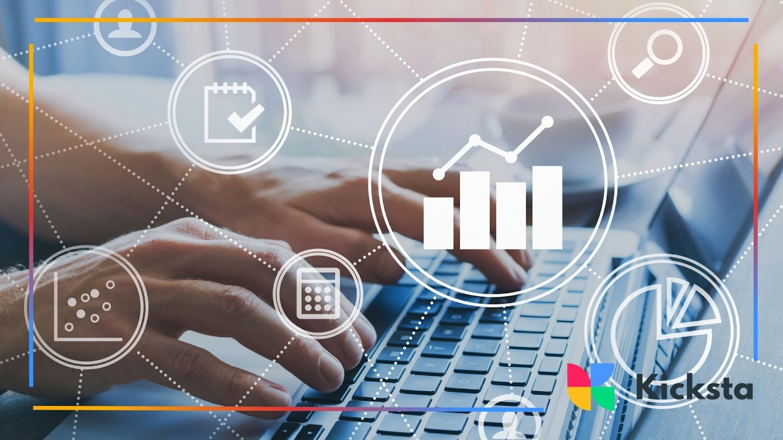 Person typing on a laptop with digital analytics and graph icons overlaid.