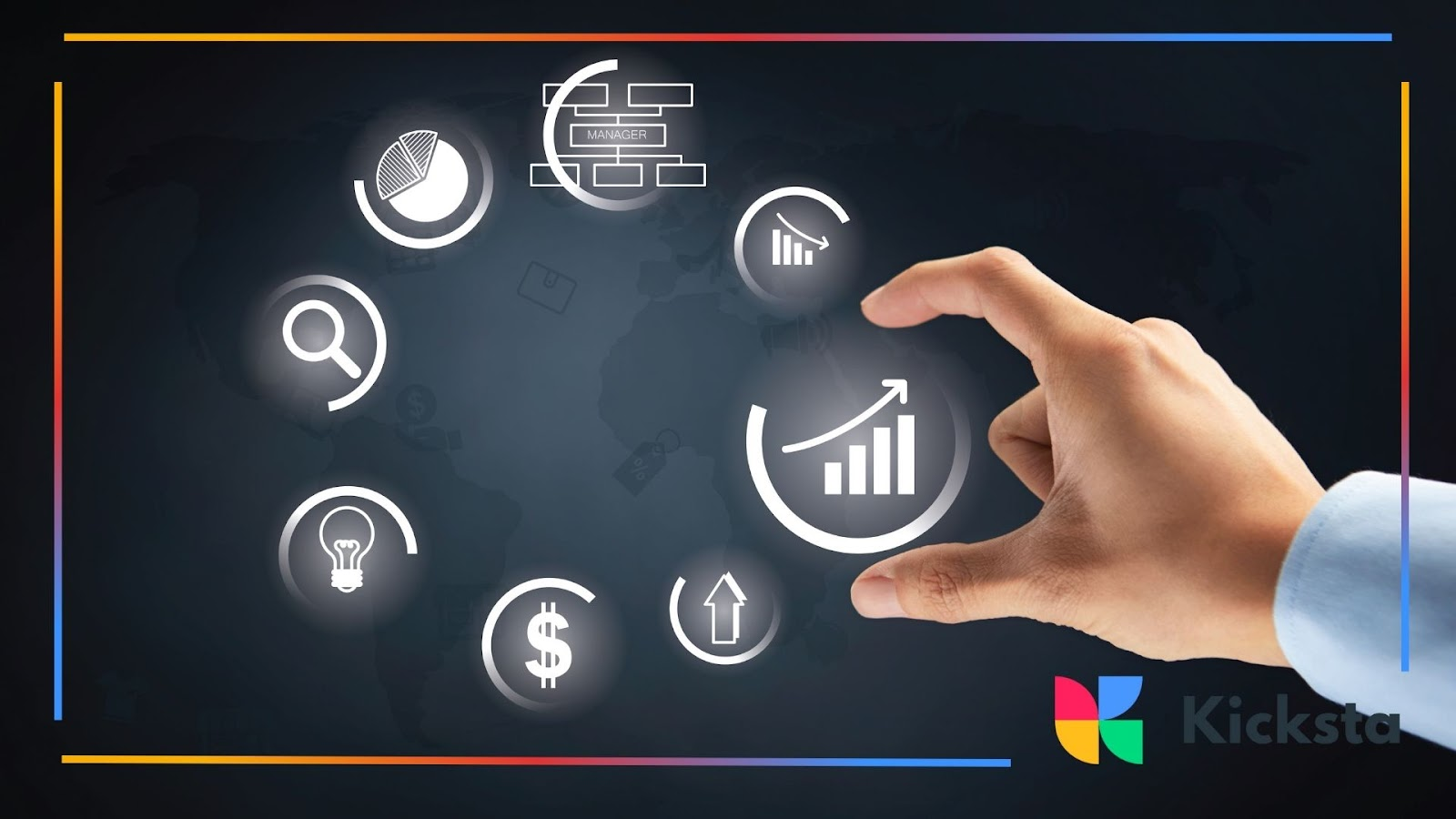 Hand selecting a glowing business growth icon surrounded by digital analytics symbols.