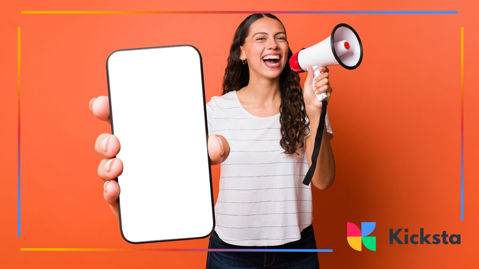 Happy woman holding a blank smartphone screen in one hand and a megaphone in the other against an orange background.