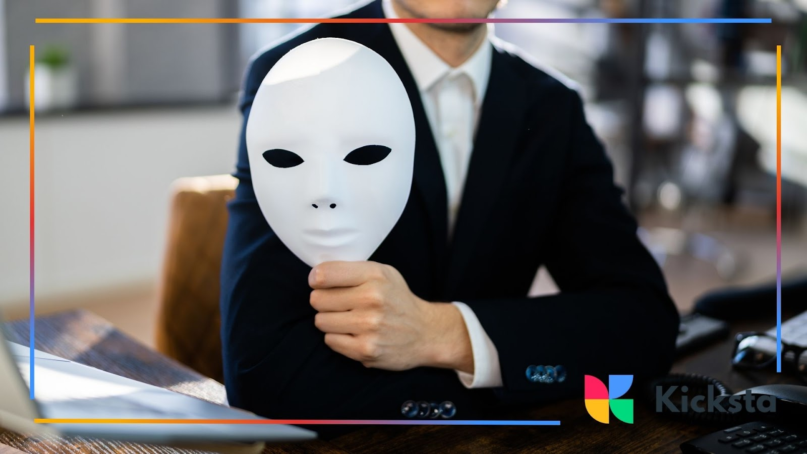 Businessman in a suit holding a white mask in front of him, symbolizing deception or hidden identity.