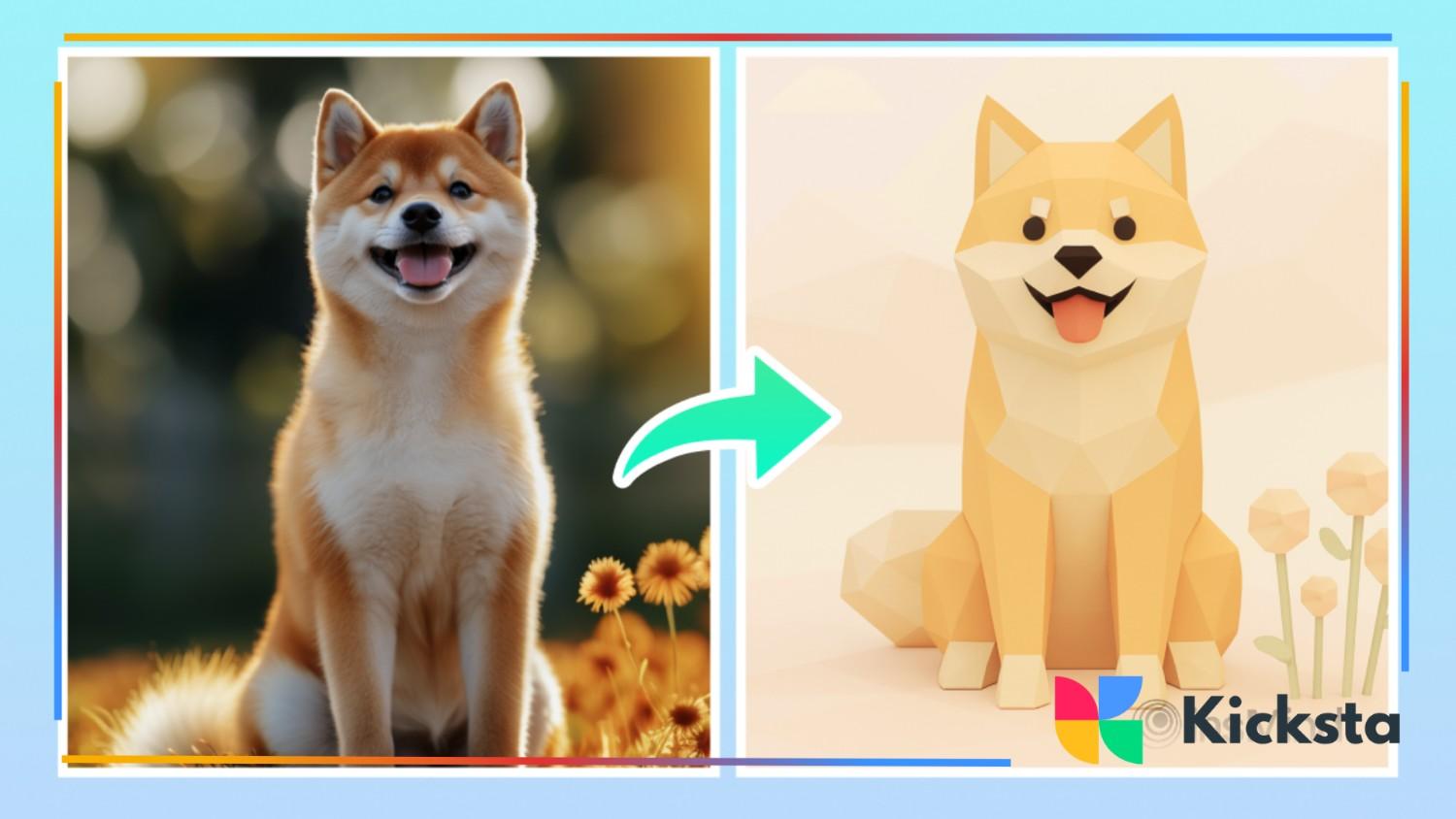 A Shiba Inu photo next to a cartoon version of the same dog