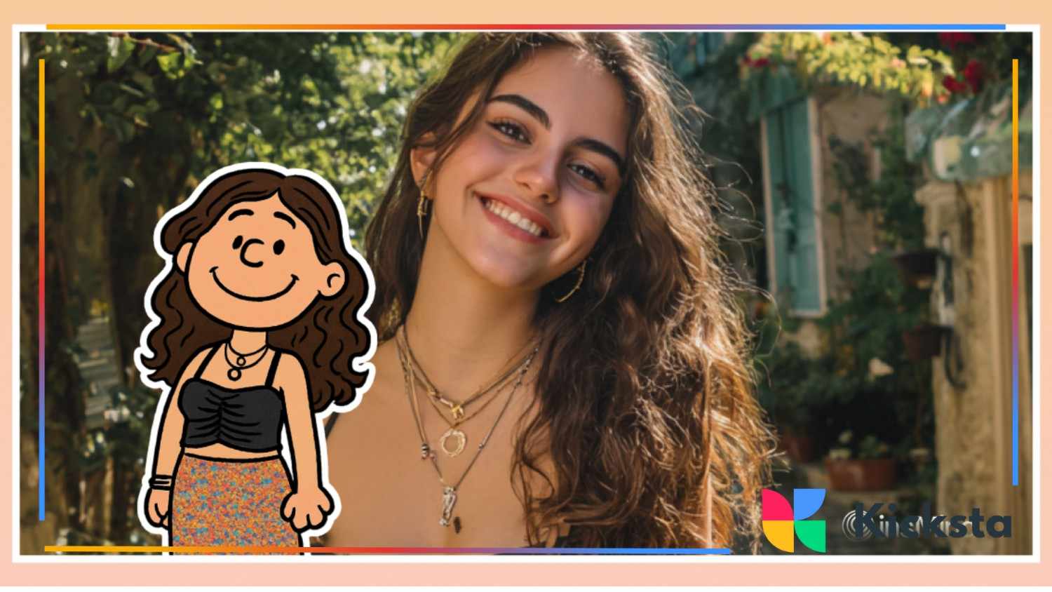 Smiling woman next to a cartoon character version of herself