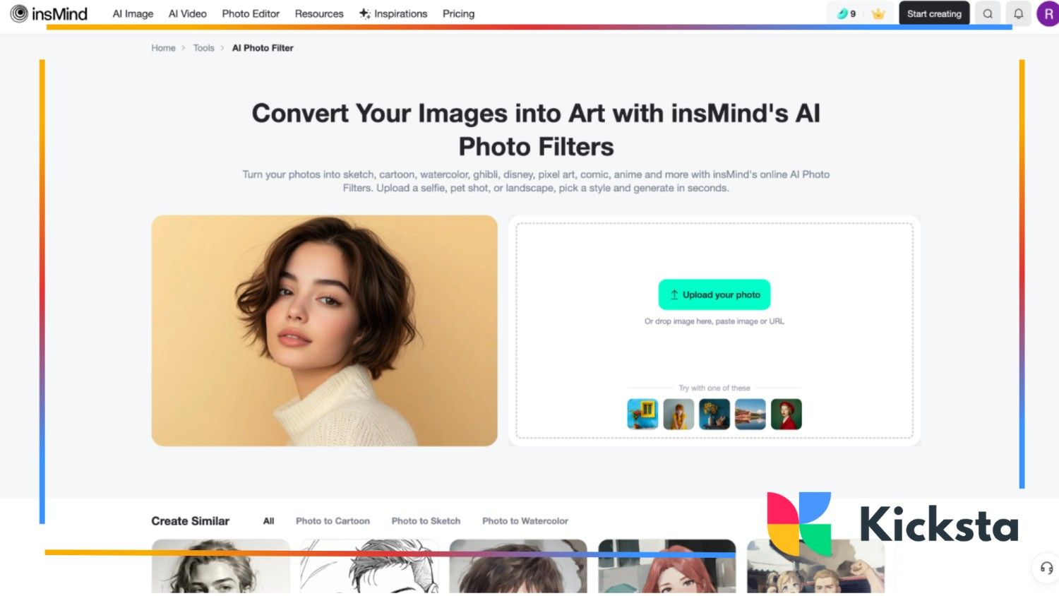 insMind homepage showing photo upload area and filter options