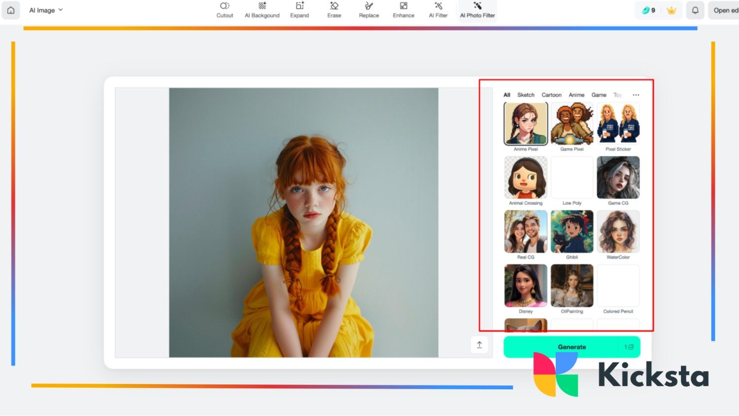 Girl in a yellow dress with an AI filter menu on the side