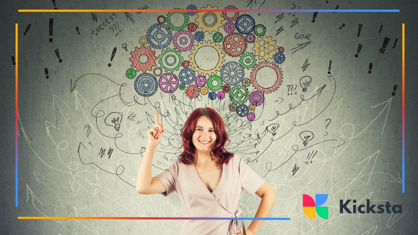 A woman points up as colorful gears and ideas swirl around her head