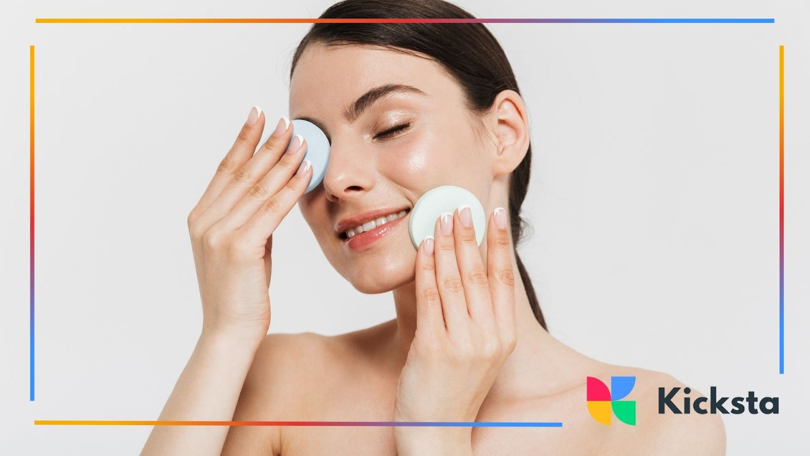 A woman gently presses facial pads to her skin, eyes closed in a peaceful moment