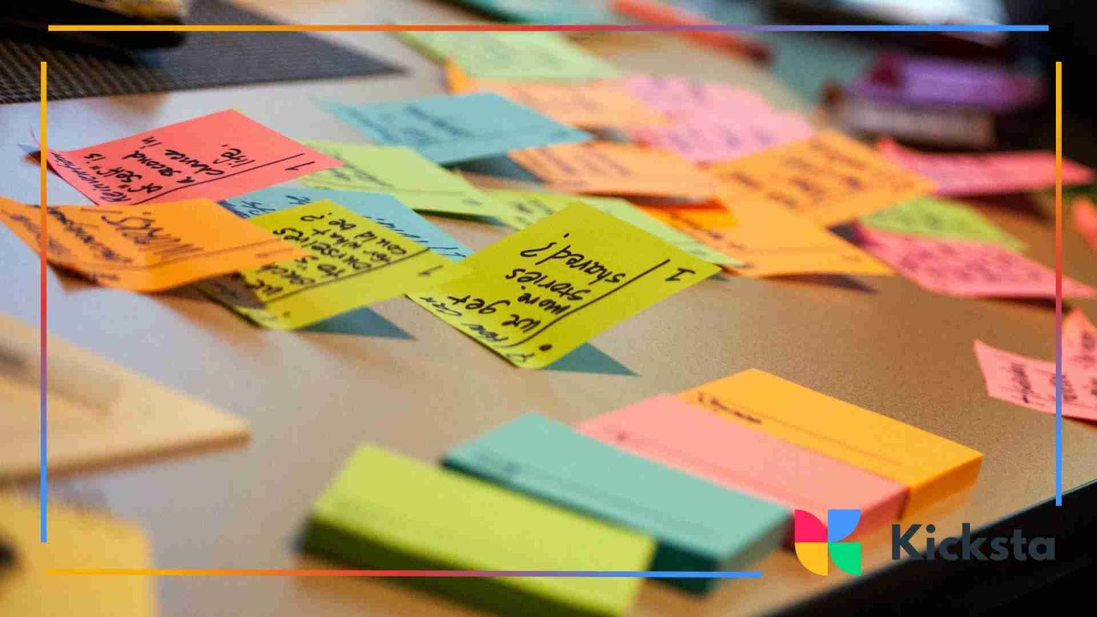 Sticky notes with content ideas spread out on a desk for planning