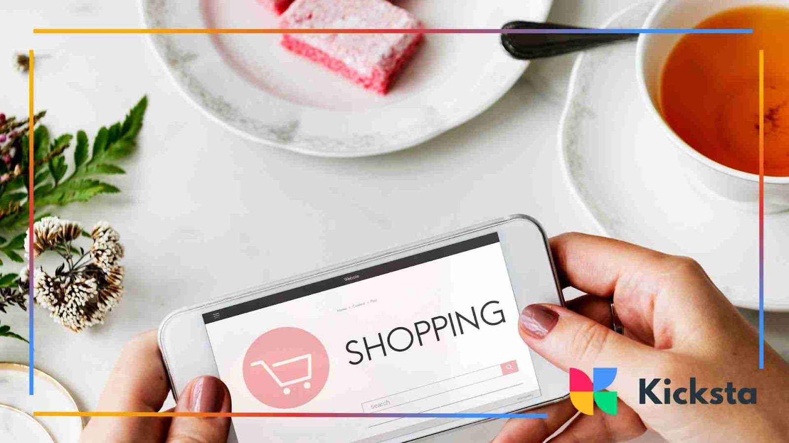 Smartphone with shopping cart icon on screen beside tea and dessert, symbolizing ecommerce on Instagram.