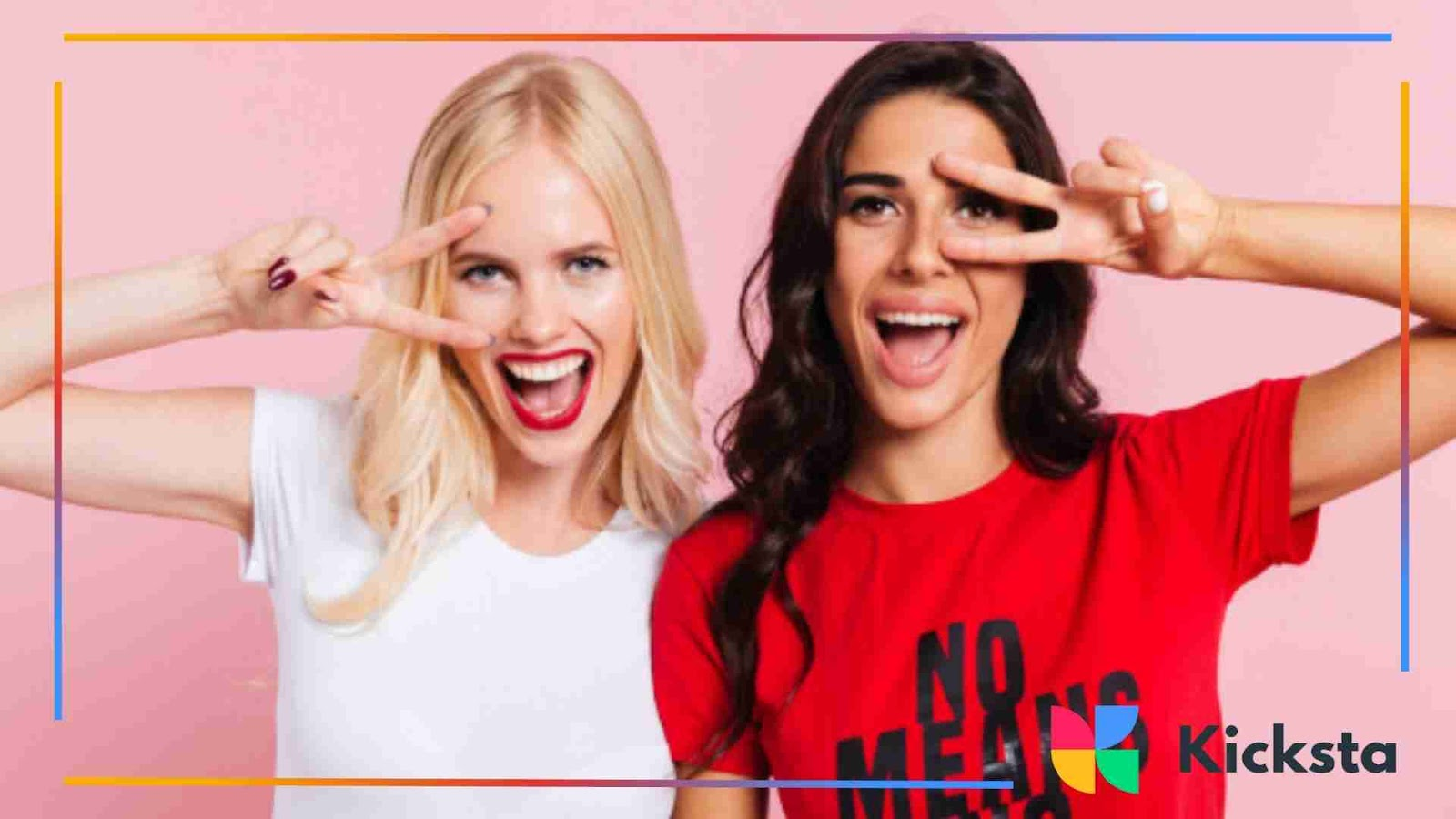 Two women posing happily in t-shirts showing peace signs with big smiles.