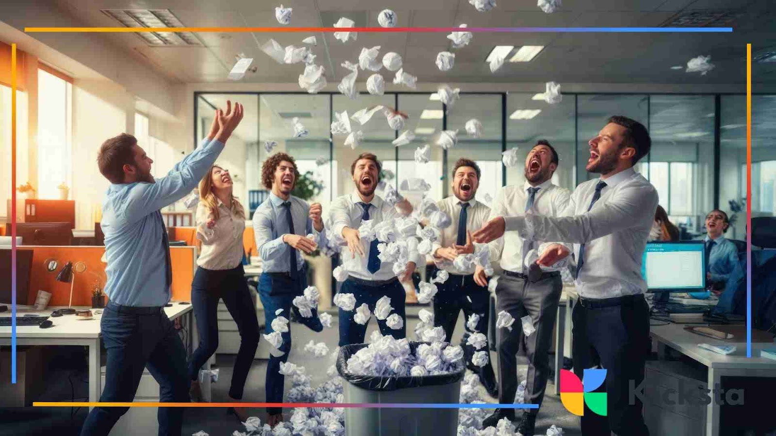 Excited office team throwing paper in the air celebrating success.