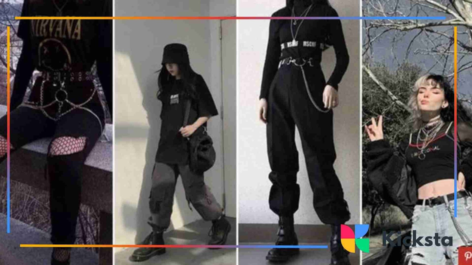 Edgy streetwear fashion collage featuring black oversized outfits and accessories showcasing grunge aesthetic.