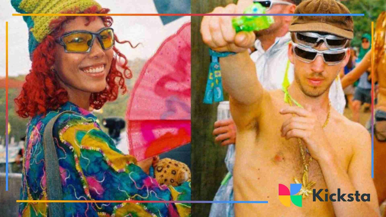 Raver boy and girll with colorful outfits, accessories, and retro sunglasses.