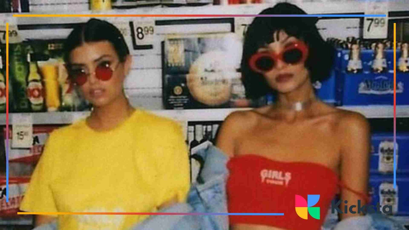Two women in retro-inspired outfits with bold sunglasses at a convenience store.