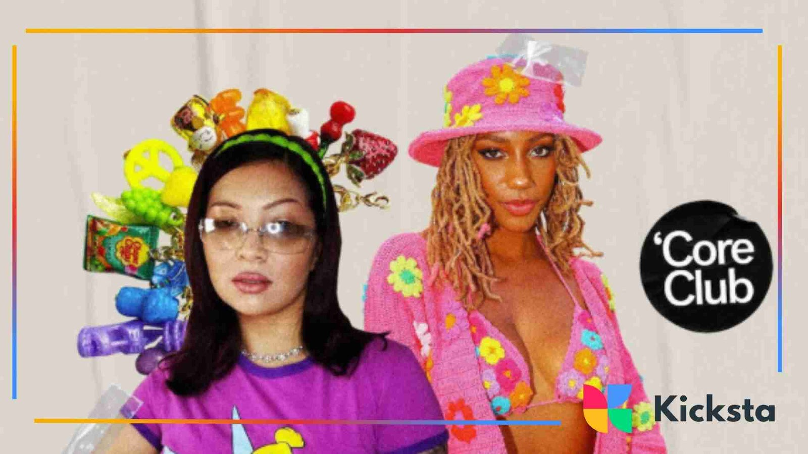 Colorful kindcore-inspired fashion with women wearing bold outfits and accessories.