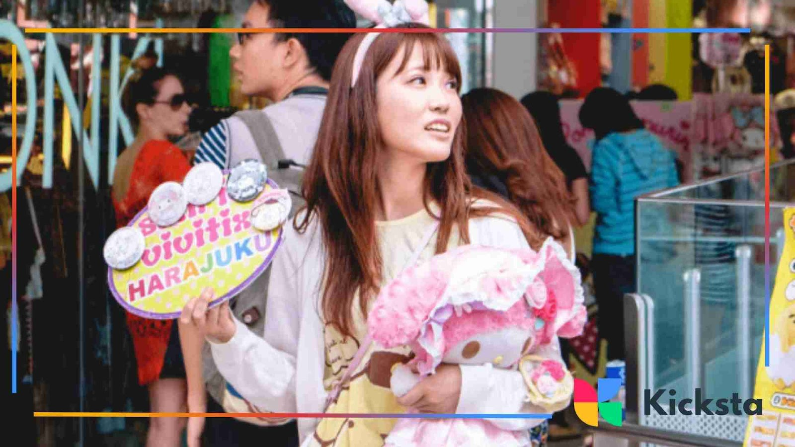Harajuku street fashion with girl holding a plush toy and pastel accessories.